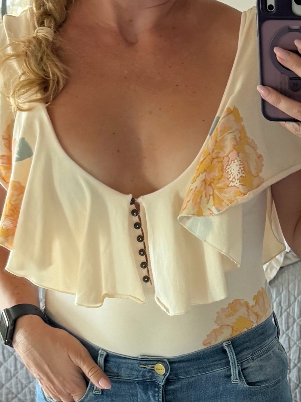 Free People Cream Floral Ruffle V-Neck Camisole